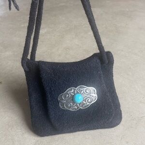 Boho Black Women's Boiled Wool Purse with large turquoise and silver buckle